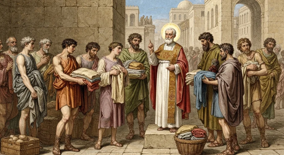 An illustration depicting early Christians distributing food and clothing to the poor in ancient Rom