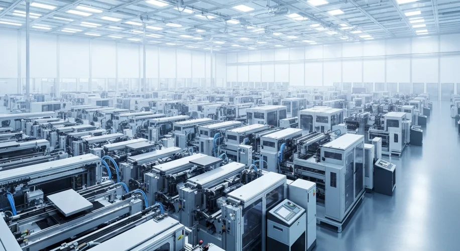 A modern semiconductor fabrication plant (fab), showing rows of complex machinery in a sterile, brig