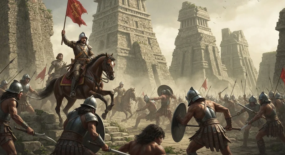 A dramatic scene depicting the Spanish conquistadors, led by Hernán Cortés on horseback, clashing wi