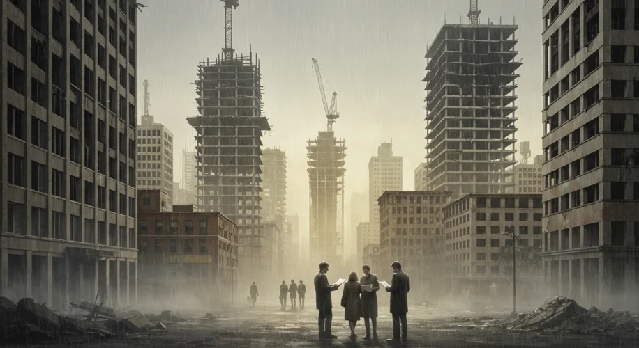 A 1980s cityscape with towering, partially constructed office buildings, some showing signs of decay