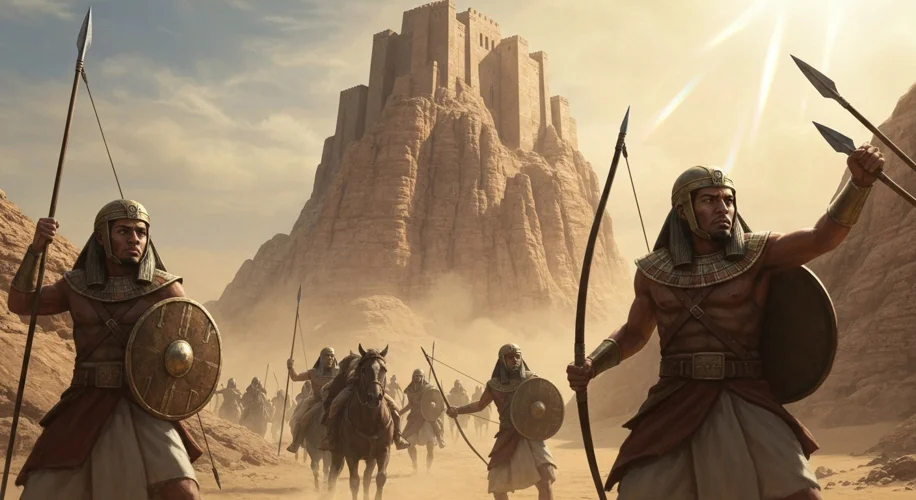 A group of ancient Egyptian soldiers on horseback and on foot patrolling a dusty, rocky desert lands