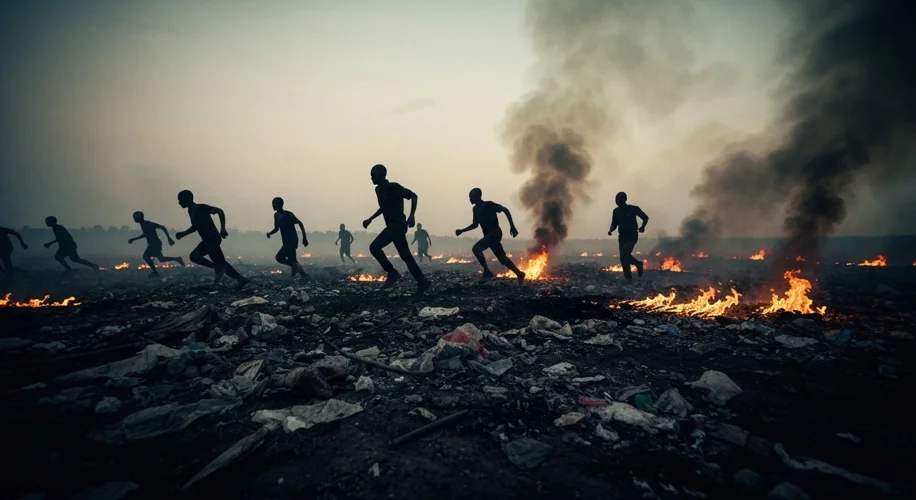 A stark, symbolic image representing the Rwandan genocide. Perhaps silhouettes of figures fleeing, o