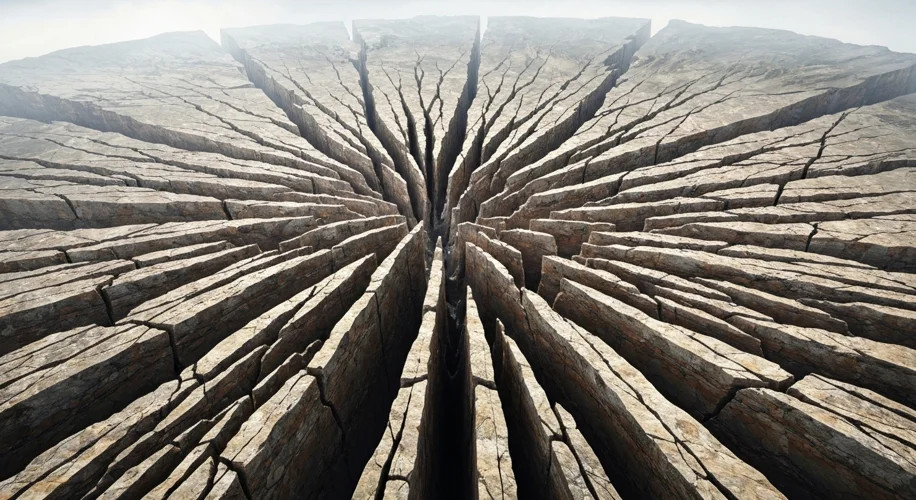 A dramatic cross-section of the Earth's crust showing the San Andreas Fault as a jagged, complex fra