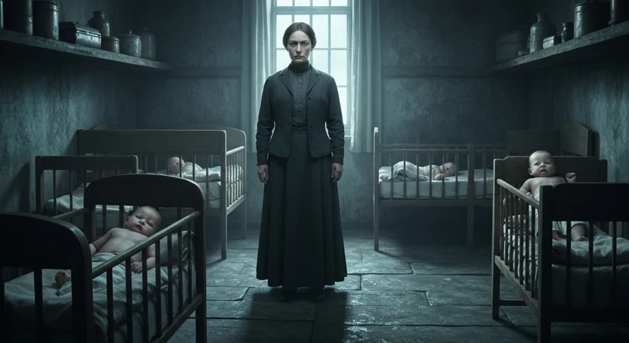 A dimly lit, grimy Victorian-era room filled with several small, frail-looking babies in rudimentary