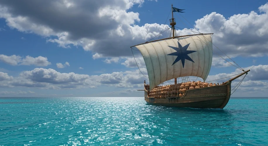 A Phoenician merchant ship with a distinctive sail, laden with amphorae, sailing across a sparkling 