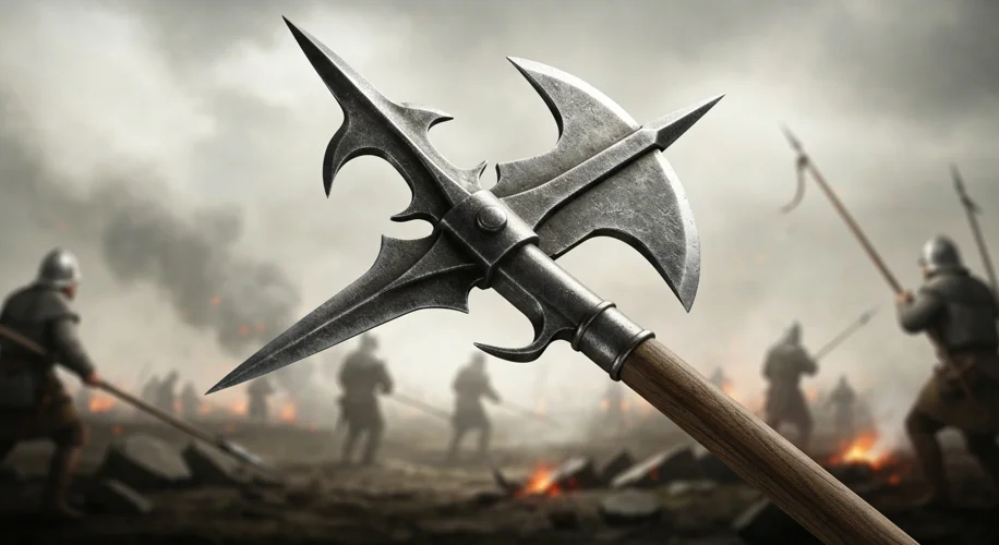 A close-up of a detailed, ornate halberd head, showcasing its axe, spear point, and hook, against a 