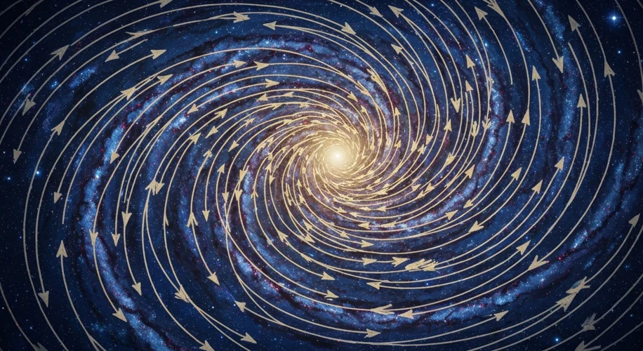 A stylized visualization of Earth orbiting the Milky Way galaxy, with arrows indicating a path throu