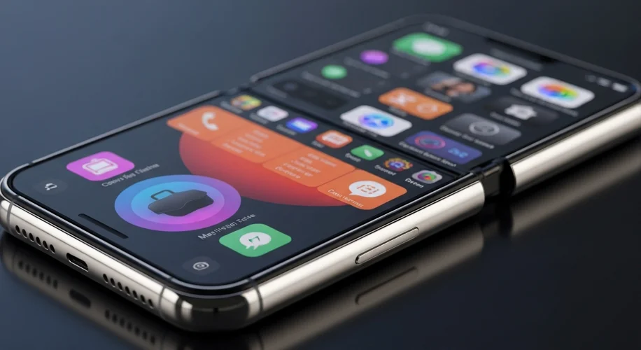 A futuristic, sleek foldable smartphone, partially unfolded, displaying a vibrant app interface. The
