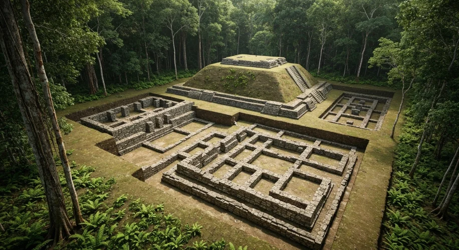 An aerial view of an archaeological dig site in Belize, showing a partially excavated Maya residenti