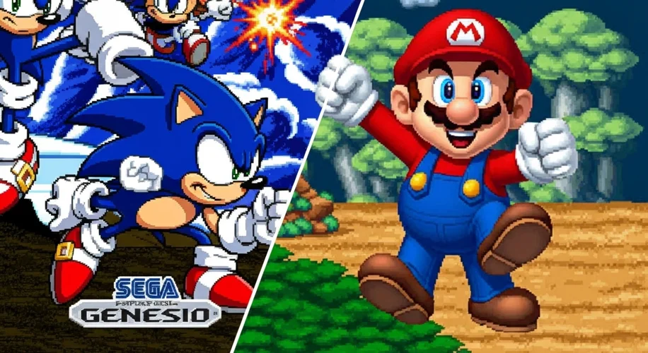 A split image showing the side-by-side comparison of the graphical capabilities of Sega Genesis and 