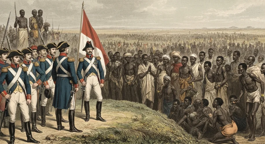 A 19th-century illustration depicting European explorers and soldiers planting a flag on African soi
