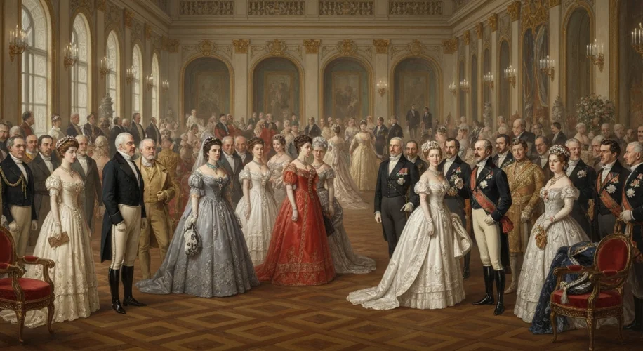 A grand European royal wedding in the late 19th century, with royalty from various nations gathered,