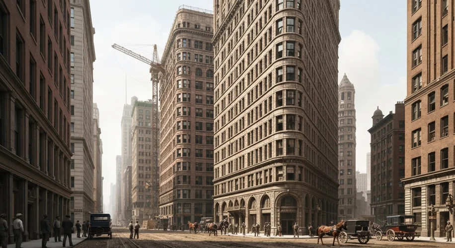 The iconic Flatiron Building (then called the Fuller Building) under construction in Chicago, showca