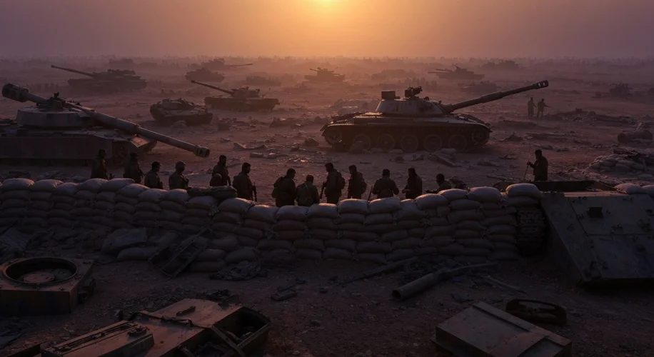 A battlefield scene at dusk, with the silhouette of exhausted soldiers huddled behind makeshift sand