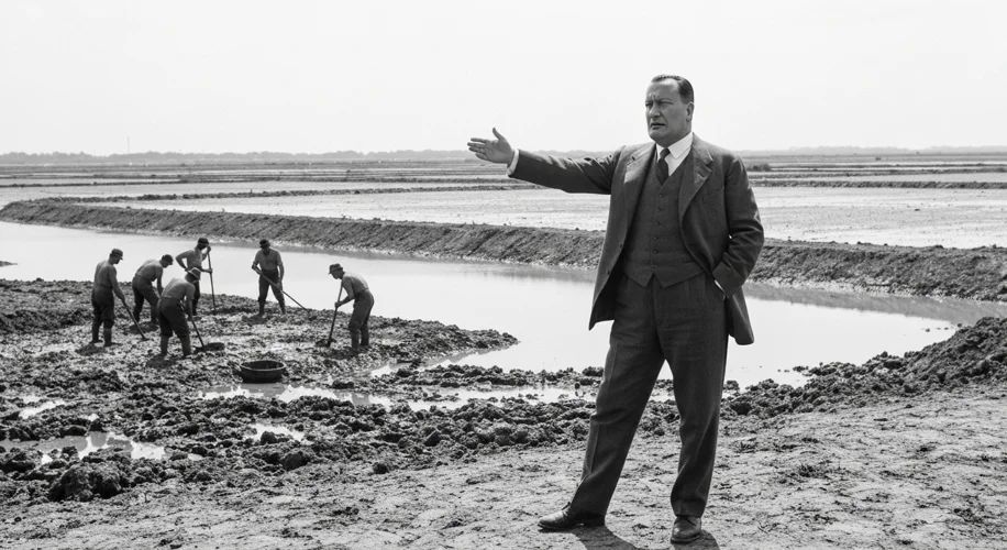 Benito Mussolini, dressed in a simple suit, stands in a newly drained Pontine Marsh in Italy, gestur