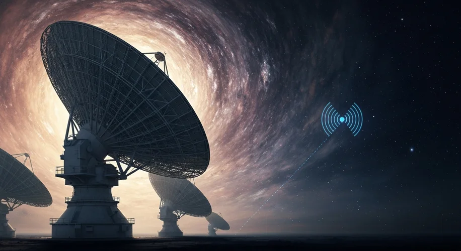 A dramatic illustration of the Deep Space Network's giant radio telescope dishes pointing towards a 