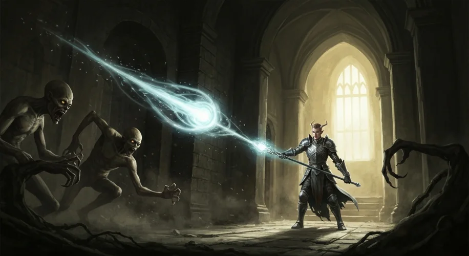 A knightly elf wielding a glowing staff, conjuring a magical projectile in a dimly lit medieval cast
