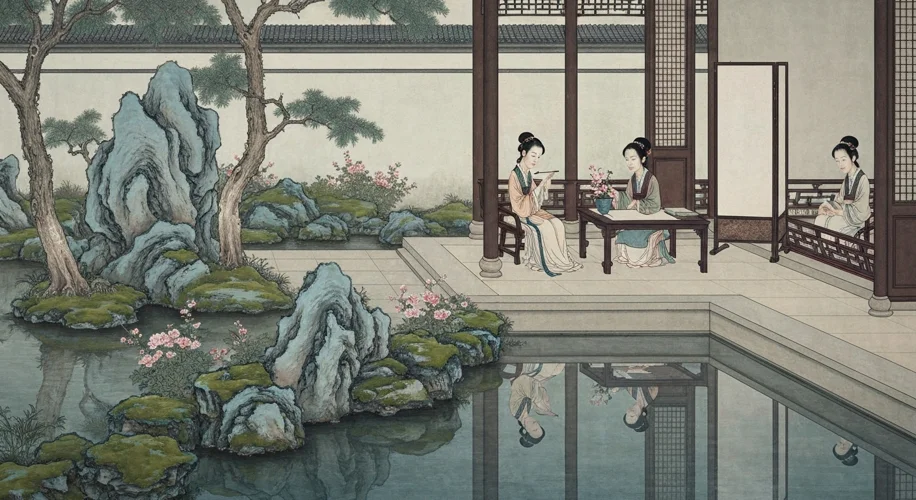 A serene garden scene in Song Dynasty China, with elegant women in traditional robes engaged in scho