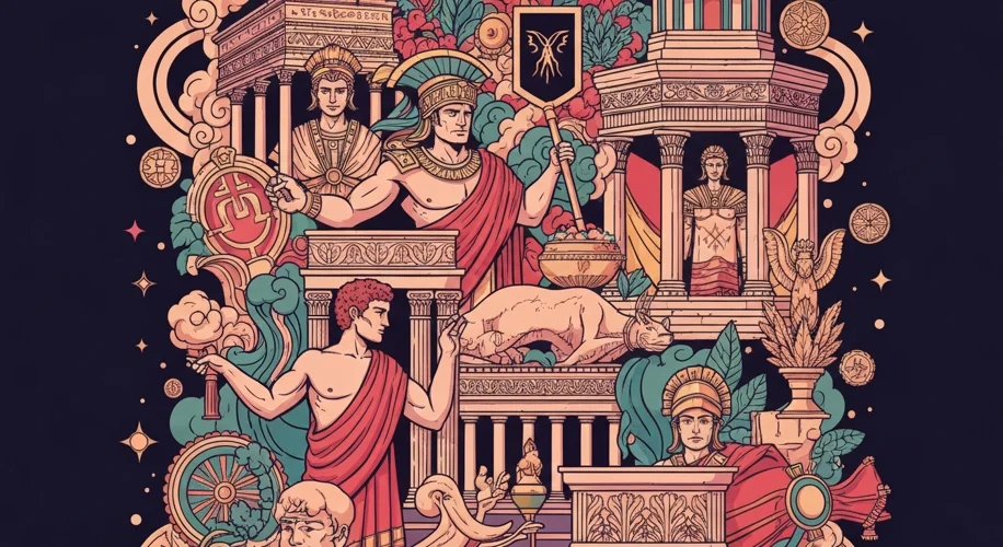 A Roman senator with a stern expression, holding a scroll, while another senator gestures emphatical