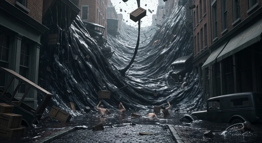 A dark, viscous wave of molasses engulfing a Boston street in 1919, with debris and struggling figur