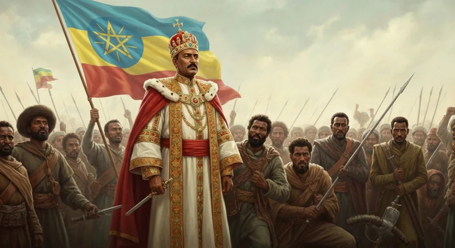 A triumphant Emperor Menelik II of Ethiopia, depicted in regal attire, addressing his victorious sol