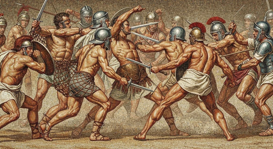 A Roman mosaic depicting gladiators in combat, showcasing their diverse fighting styles and equipmen