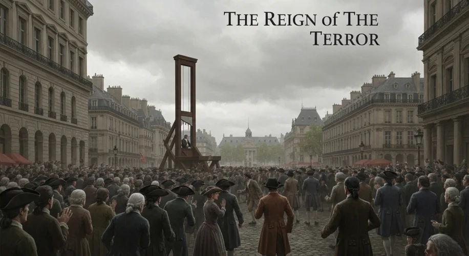 A dramatic scene in Paris during the Reign of Terror, with a guillotine prominent in the foreground.
