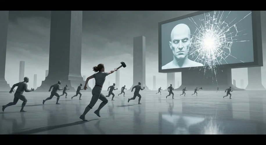 A 1984 Super Bowl commercial shows a lone woman running through a barren, gray landscape, pursued by