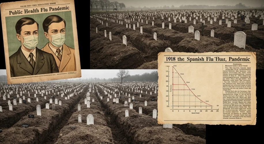 A collage of images: a vintage poster urging citizens to wear masks, a photograph of a graveyard wit