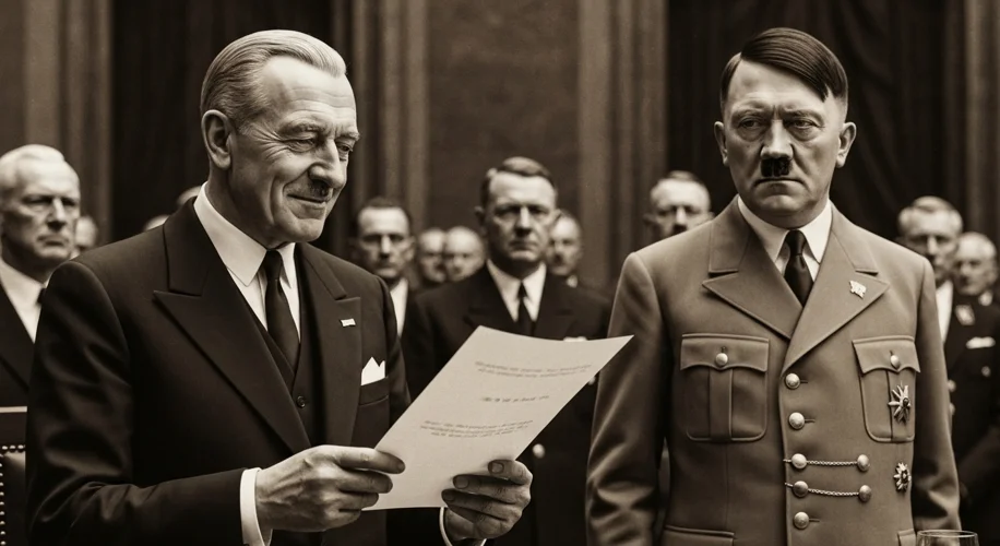 A sepia-toned photograph of Neville Chamberlain holding up a document, smiling, with Adolf Hitler st