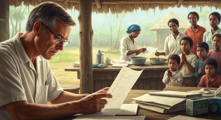 Dr. William Foege, a determined epidemiologist, reviewing data in a field clinic in a developing cou