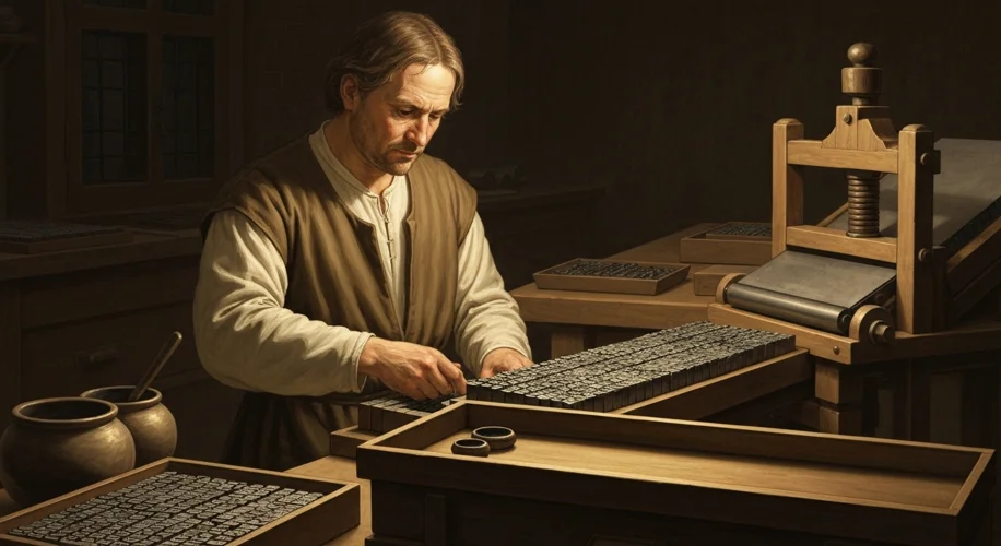An illustration of Johannes Gutenberg in his workshop, surrounded by early printing equipment, with 