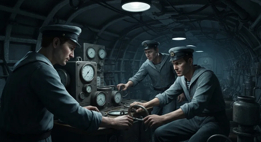 A dimly lit, claustrophobic interior of an early 20th-century submarine, with sailors working at var