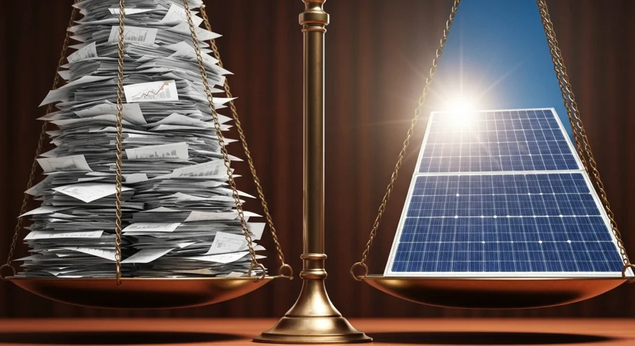 A courtroom illustration with symbolic scales of justice, one side weighed down by documents labeled