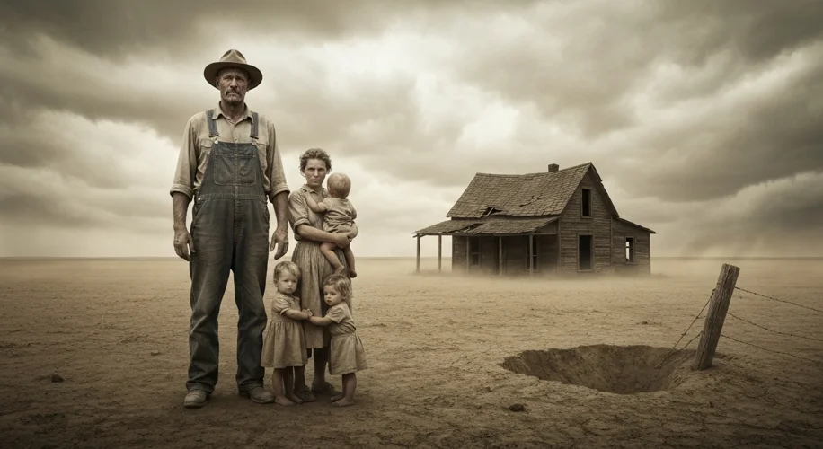 A family standing in front of their dust-covered farmhouse, looking despondent. The man is wearing o