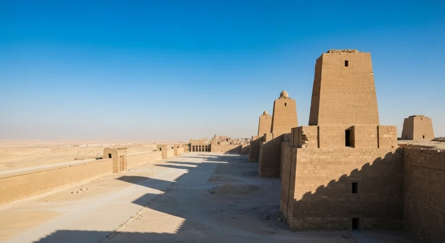 An aerial view of the partially restored ruins of ancient Babylon, showcasing reconstructed walls, z