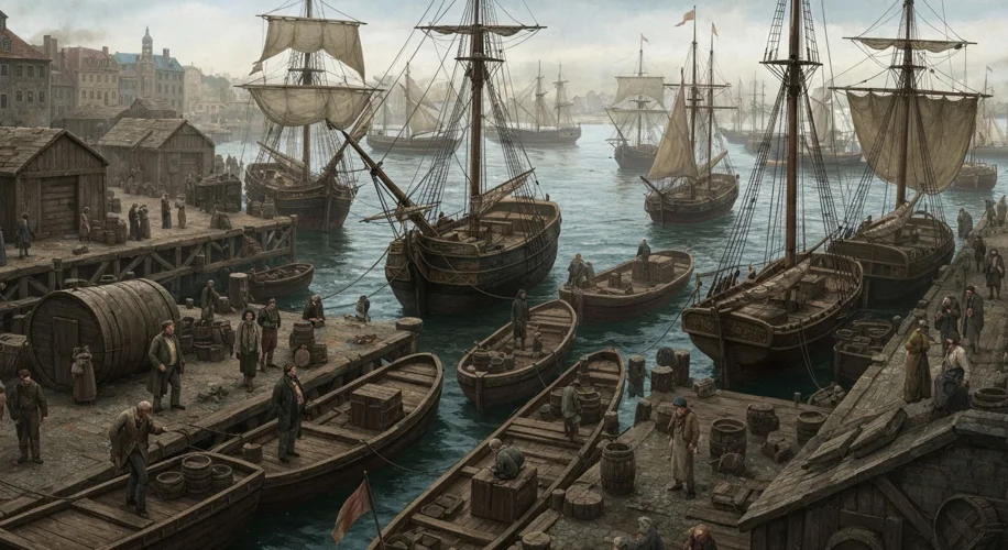 A bustling 19th-century port city with ships docked, symbolizing the hope and danger for Prussian dr