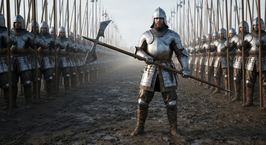 A medieval Swiss pikeman in detailed armor holding a halberd, standing resolutely on a muddy battlef