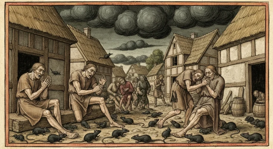 A medieval illustration depicting black rats and fleas spreading the bubonic plague to terrified Eur
