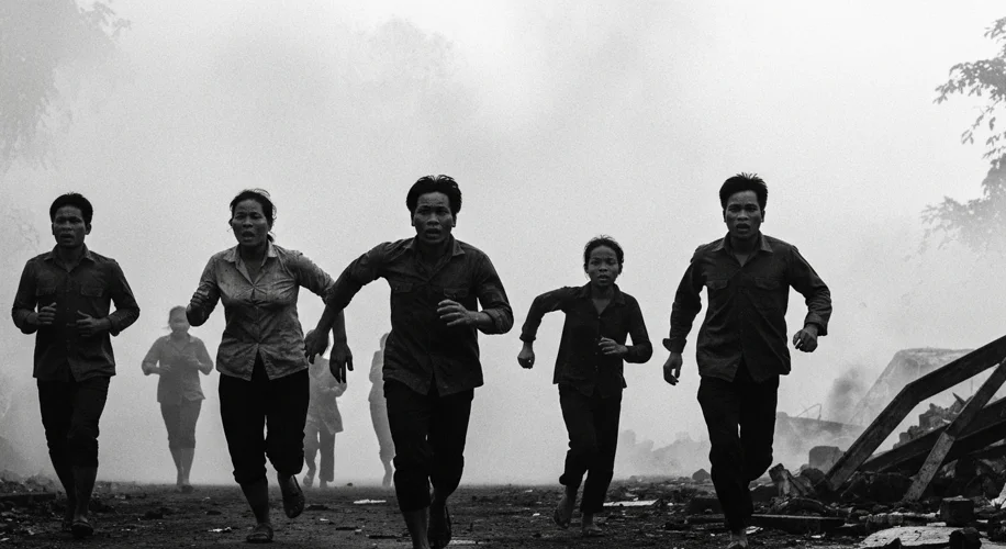 A black and white photograph of Vietnamese civilians fleeing conflict, with smoke billowing in the b