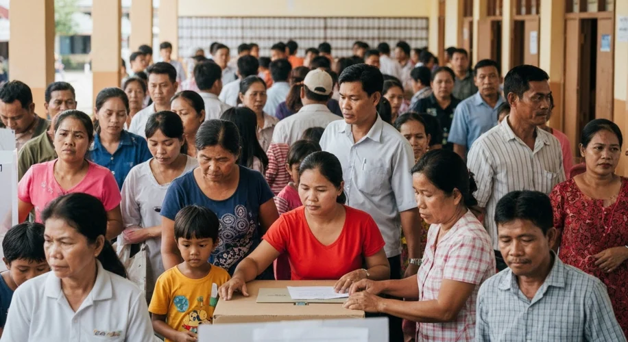 A busy polling station in Southeast Asia, with diverse people casting their votes, highlighting the 