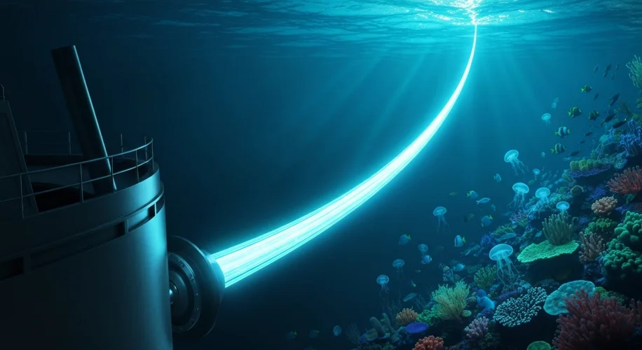 A modern, sleek image of a glowing fiber optic cable being laid on the ocean floor by a sophisticate