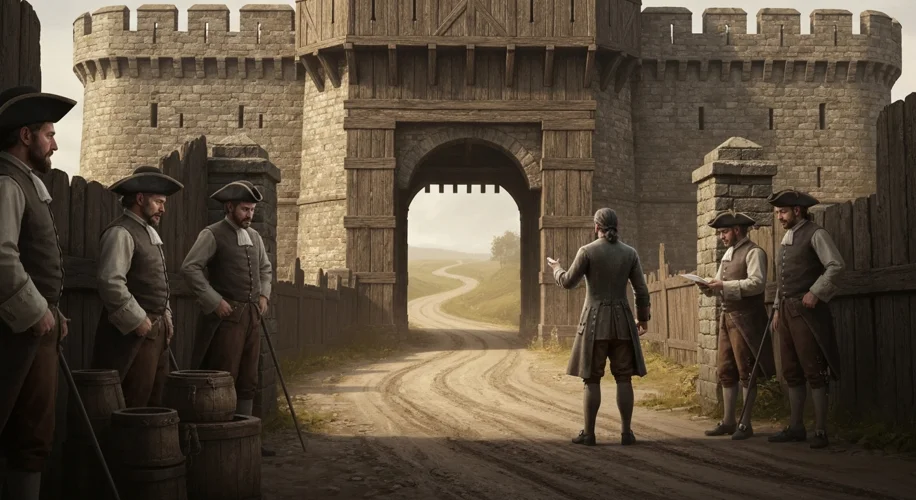 An 18th-century traveler, perhaps a merchant or scholar, being inspected by stern-faced officials at