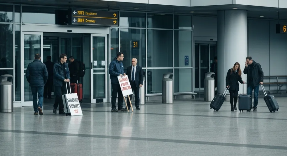 A modern airport scene during a strike. A few airline employees are peacefully picketing near the en