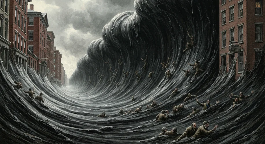 A dramatic, historical illustration of a massive wave of dark molasses engulfing buildings and peopl