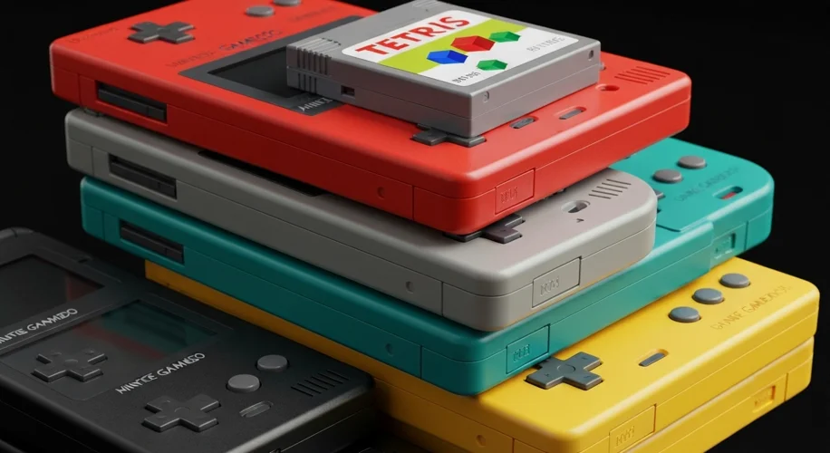 A stack of classic Nintendo Game Boys in various colors, with a Tetris cartridge visible.