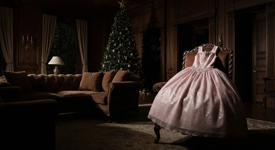 A dimly lit, opulent Ramsey mansion living room with a Christmas tree in the background. A single, o