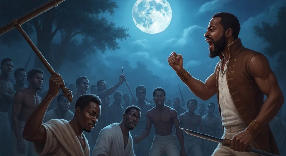 A dramatic scene depicting enslaved Africans gathered in a clandestine meeting under the moonlight, 