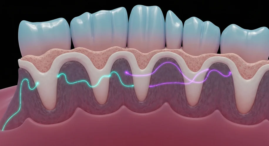 A close-up, detailed illustration of a human tooth cross-section, with different colored bands repre