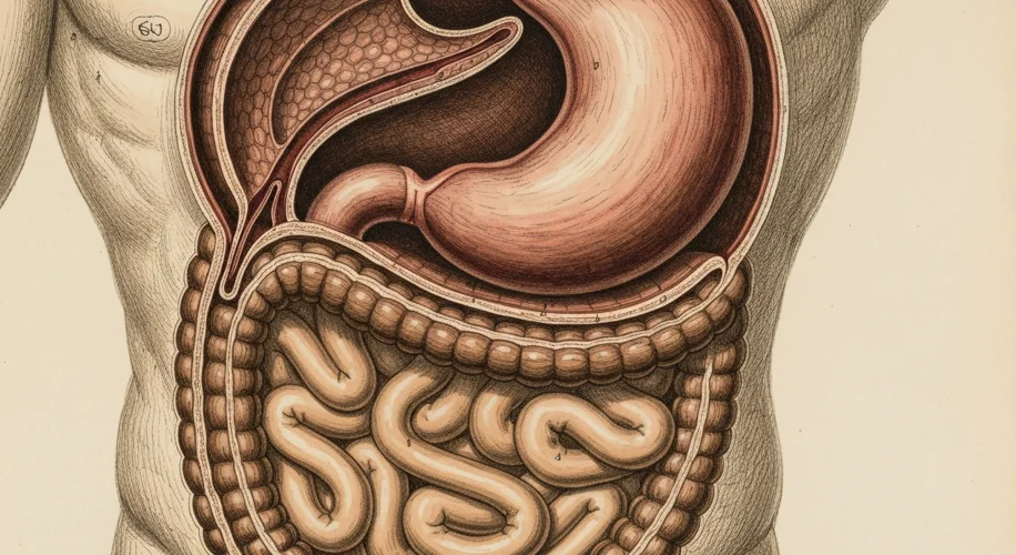 A close-up of a historical medical illustration of the human digestive system, showing the stomach a